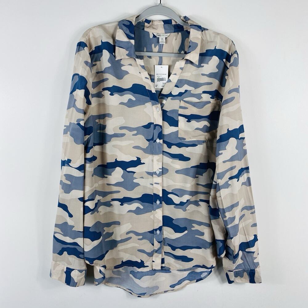 Cato Top XL Camo Long Sleeve Button Blouse Blue Tan